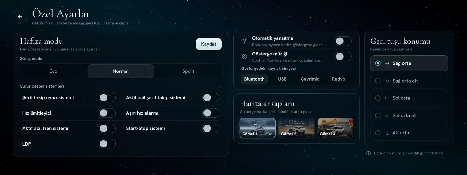 Hafıza modu ve özel ayarlar ekranı