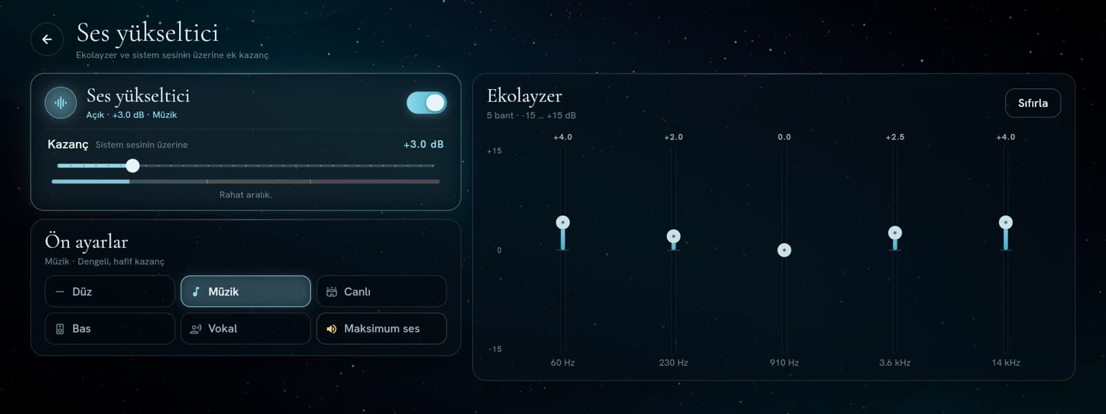 Ses yükseltici ve ekolayzer ekranı