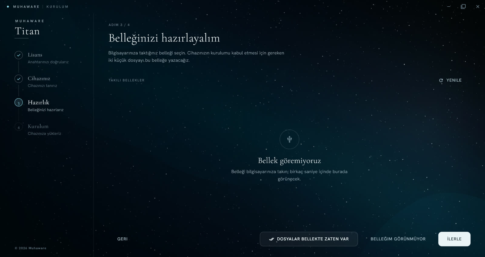 Windows uygulaması bellek hazırlığı ekranı