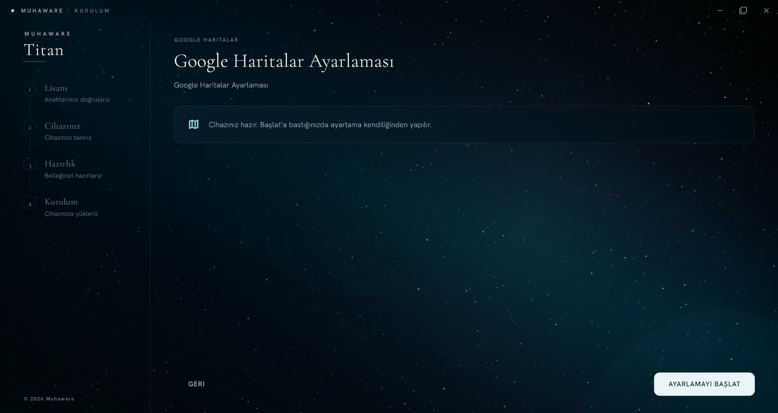 Windows uygulaması Google Haritalar ayarlaması ekranı