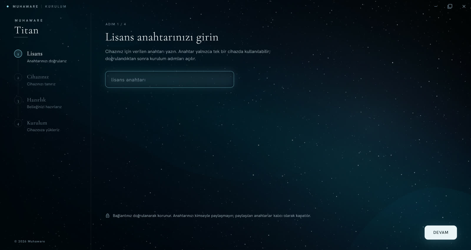 Windows uygulaması lisans anahtarı ekranı