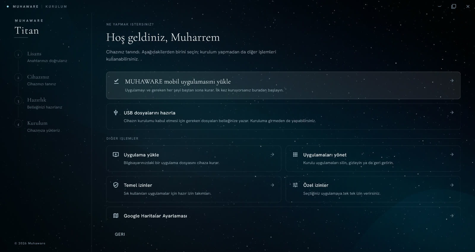 Windows uygulaması ana menü