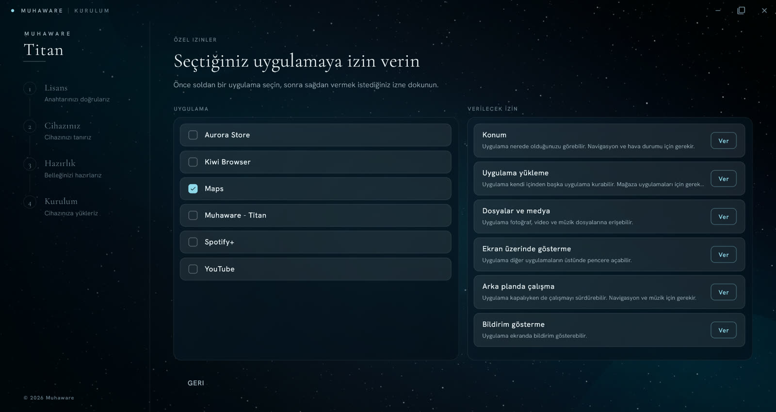 Windows uygulaması özel izinler ekranı