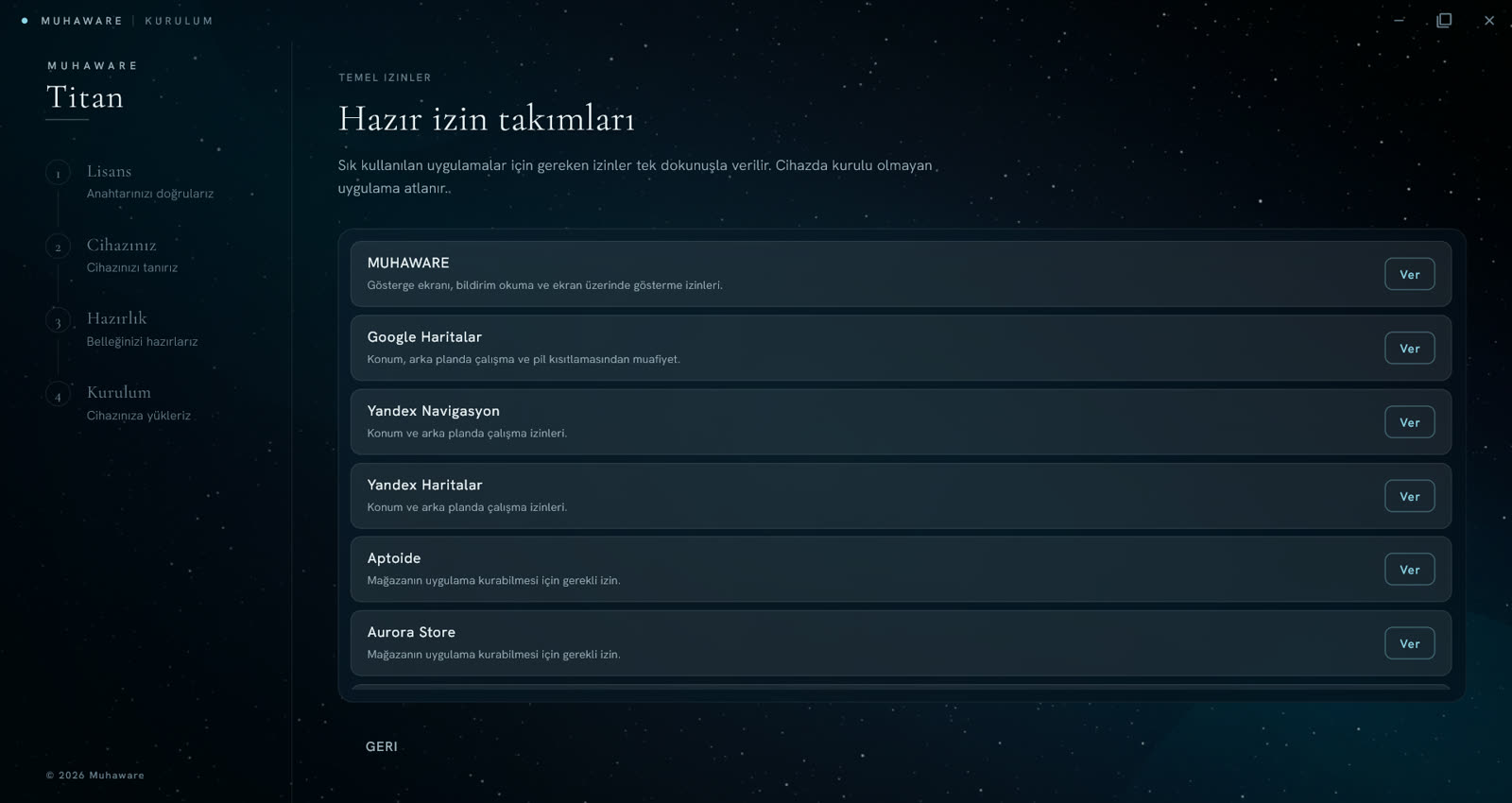 Windows uygulaması hazır izin takımları ekranı