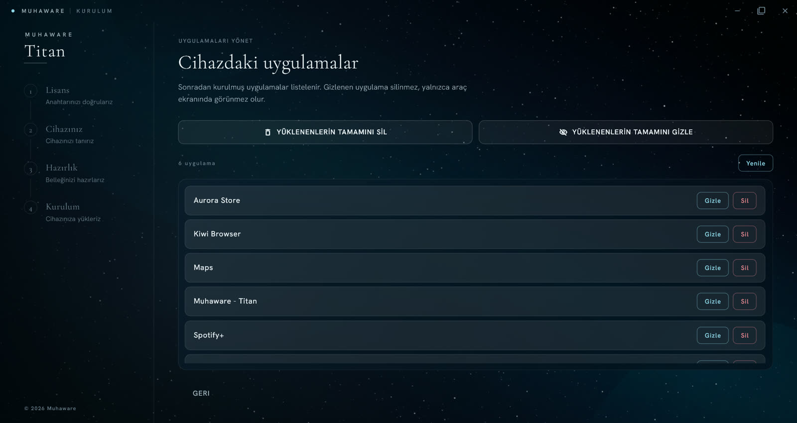 Windows uygulaması uygulamaları yönetme ekranı