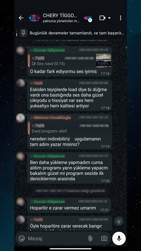 Chery Tiggo WhatsApp grubunda uyelerin ses kalitesi, Exed programi ve hoparlor konularini konustugu sohbet ekran goruntusu.