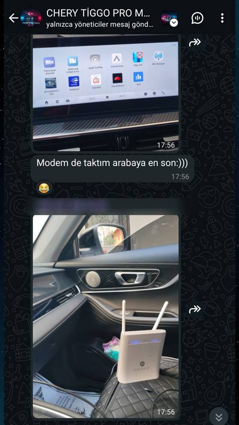 Chery Tiggo aracının multimedya ekranı ve içine takılan modem/router cihazının fotoğrafları paylaşılmış.
