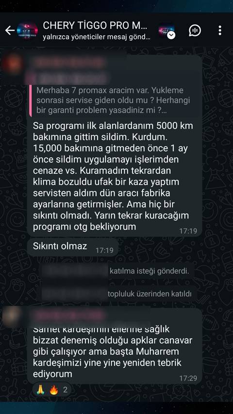 Chery Tiggo Pro sahiplerinin WhatsApp grubunda araç yazılımı kurulumu sonrası garanti ve servis deneyimlerinin paylaşıldığı bir sohbet ekran görüntüsü.