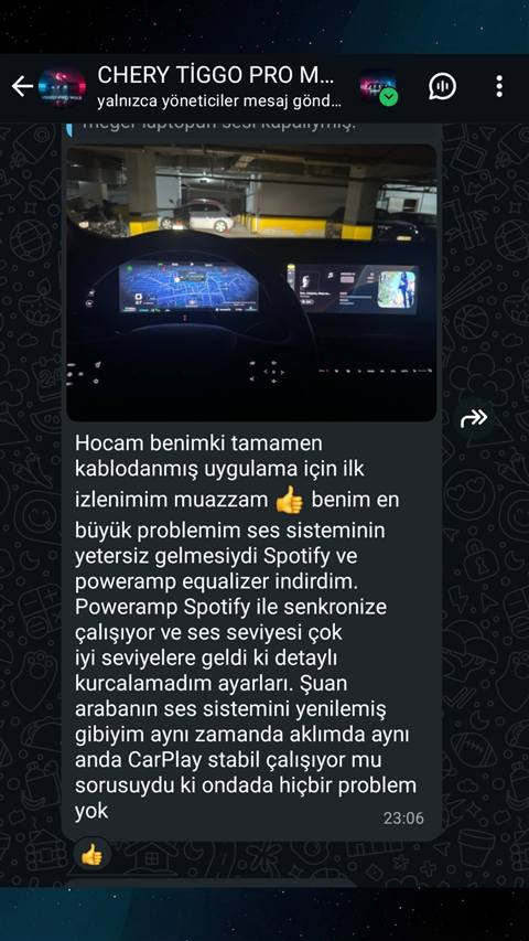 MUHAWARE kullanıcı yorumu (145HP Grubu): Hocam benimki tamamen kablodanmış uygulama için ilk izlenimim muazzam 👍 benim en büyük problemim ses sisteminin yetersiz gelmesiydi Spotify ve poweramp equalizer indirdim. Poweramp Spotify ile senkronize çalışıyor ve ses seviyesi çok iyi seviyelere geldi ki detaylı kurcalamadım ayarları. Şuan arabanın ses sistemini yenilemiş gibiyim aynı zamanda aklımda aynı anda CarPlay stabil çalışıyor mu sorusuydu ki ondada hiçbir problem yok