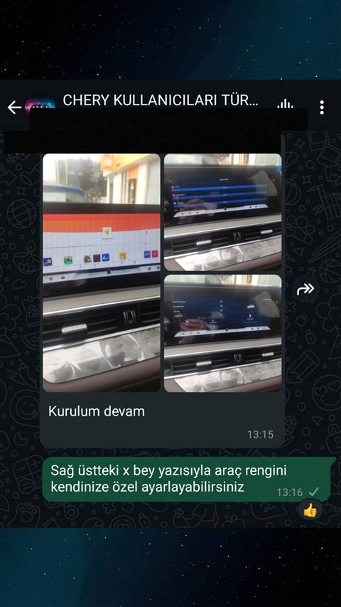 Chery araç multimedya ekranına kurulum yapılırken çekilmiş ekran görüntüleri ve bir WhatsApp mesajı bulunuyor.