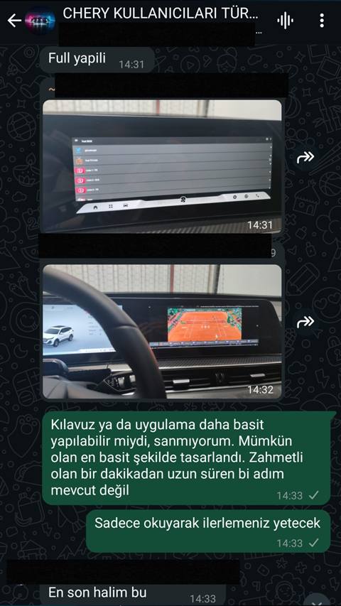 WhatsApp sohbetinde araç multimedya ekranında IPTV uygulaması ve tenis maçı yayınının fotoğrafları paylaşılmış, ardından kullanım kolaylığı hakkında yazışma yapılmış.