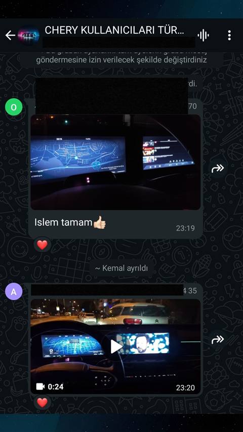 WhatsApp Chery kullanıcıları grubunda araç multimedya ekranı (navigasyon haritası) ve gece trafik görüntüsü içeren video paylaşımları görülüyor.