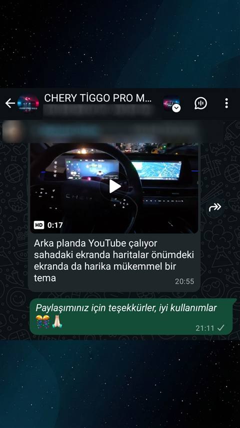 Chery Tiggo aracinda geceleyin arac icinden cekilmis bir video ile buna gelen WhatsApp mesajlasmasi goruntuleniyor.