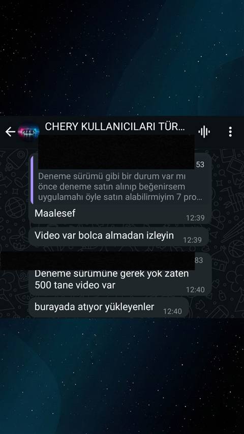 WhatsApp grubunda kullanicilar deneme suru olup olmadigini sorup video ile inceleme yapilmasi gerektigini konusuyor.