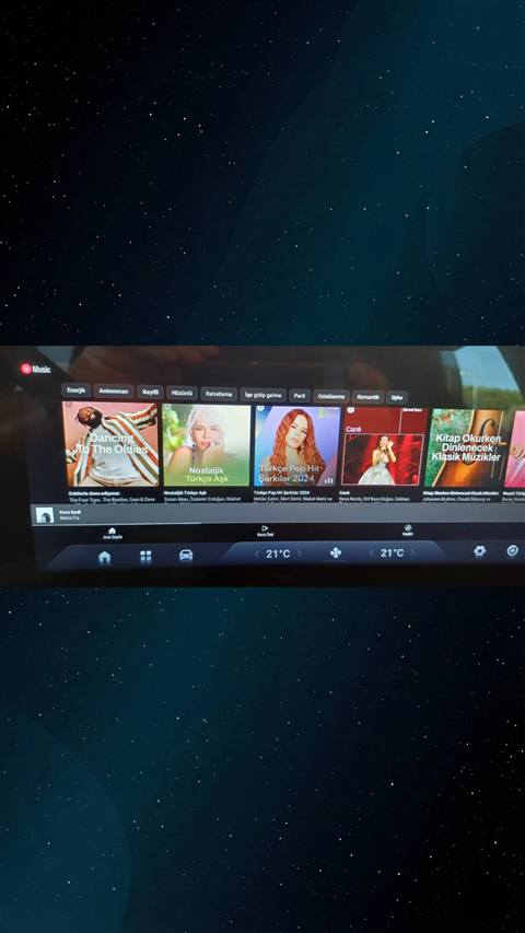 Araç multimedya ekranında Music uygulamasının çeşitli ruh haline göre müzik listeleri sunan ana sayfası görüntülenmektedir.