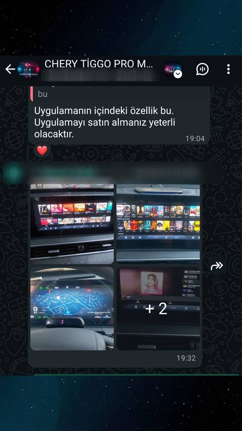 WhatsApp sohbet ekranında bir mesaj ve altında araç multimedya ekranının farklı özelliklerini gösteren dört fotoğraf paylaşılmış.
