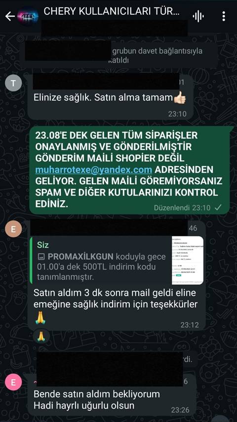 Chery Tiggo kullanicilarinin oldugu bir WhatsApp grubunda indirim kodu ile yapilan alisverisin onaylanmasi ve gonderim maili ile ilgili konusma ekran goruntusu