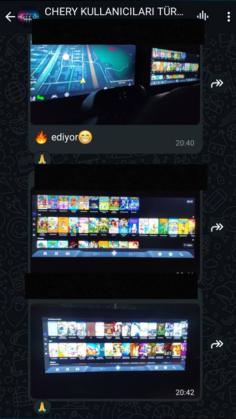 Chery arac multimedya ekraninda navigasyon ve cizgi film/dizi uygulama arayuzlerinin goruntulendigi arac ici fotograflar.