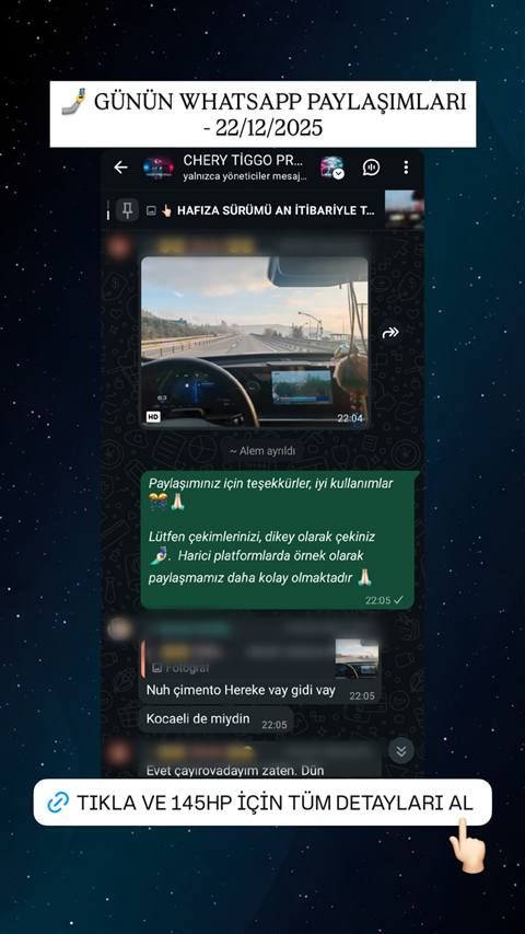 WhatsApp grubunda bir uyenin arac ici kamera goruntusunu paylasmasi ve yoneticinin cekim yonergesi vermesi, ayrica baska bir uyenin fotograf paylasip konum sohbeti yapmasi.