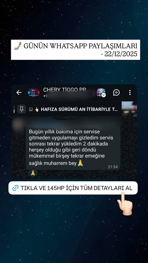 MUHAWARE kullanıcı yorumu (145HP Grubu): Bugün yıllık bakıma için servise gitmeden uygulamayı gizledim servis sonrası tekrar yükledim 2 dakikada herşey olduğu gibi geri döndü mükemmel birşey tekrar emeğine sağlık muharrem bey 🙏