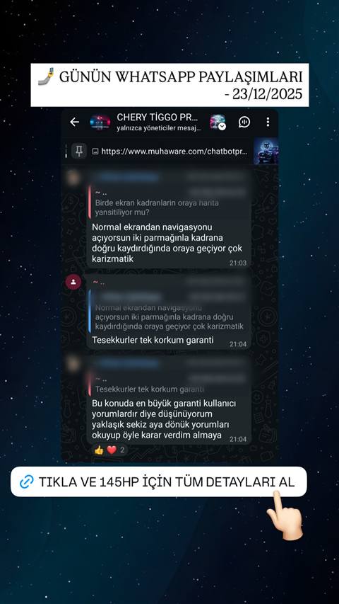 Chery Tiggo Pro grubu WhatsApp sohbetinde kullanicilarin ekran kadranina harita/navigasyon yansitma ozelligi ve garanti konusunu konustugu ekran goruntusu.