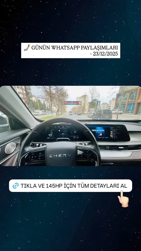 Chery aracin direksiyon, dijital gosterge paneli ve multimedya ekraninin sehir trafiginde surus sirasinda cekilmis fotografi, uzerinde WhatsApp paylasim gorseli metni bulunuyor.