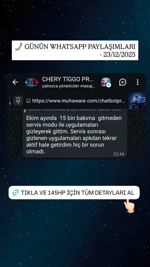 MUHAWARE kullanıcı yorumu (145HP Grubu): Ekim ayında  15 bin bakıma  gitmeden servis modu ile uygulamaları gizleyerek gittim. Servis sonrası gizlenen uygulamaları apkdan tekrar aktif hale getirdim hiç bir sorun olmadı.