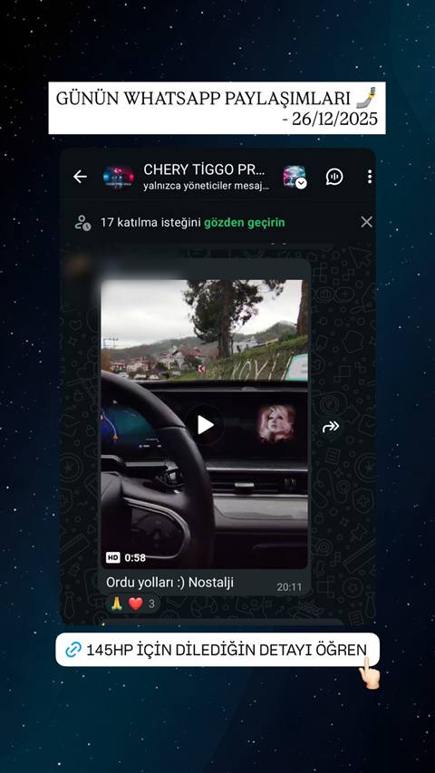 WhatsApp grubunda bir aracin multimedya ekranindan cekilmis, dagli bir yolda seyahat sirasinda muzik klibinin yayinlandigi 'Ordu yollari' baslikli nostaljik bir video paylasilmis.