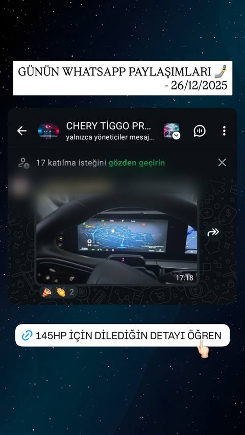 Chery Tiggo aracinin direksiyonu arkasindan gorunen dijital gosterge panelinde navigasyon haritasi goruntulenmektedir.