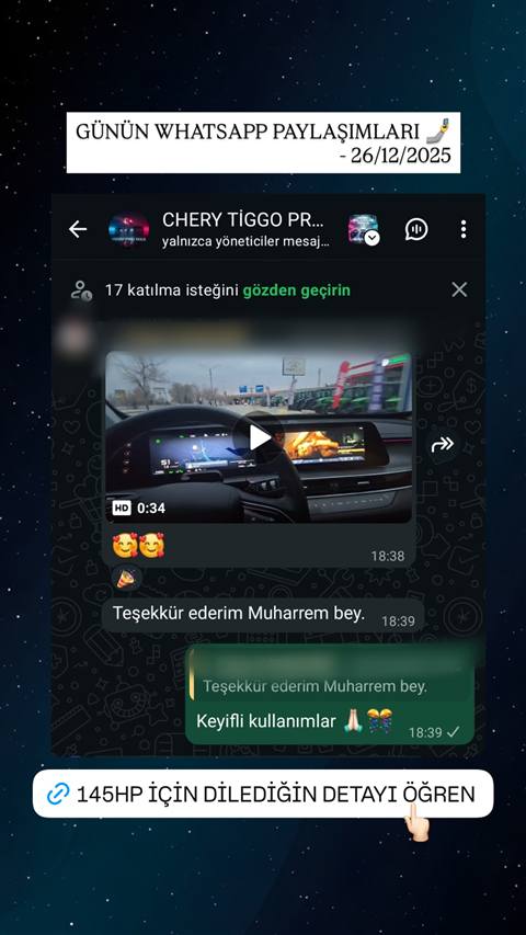 Chery Tiggo araç sahipleri WhatsApp grubunda bir üyenin araç içi multimedya ekranı ve gösterge panelini gösteren video paylaşımı ve teşekkür mesajlaşması.