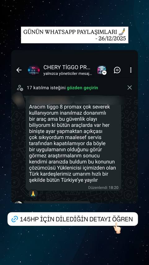 MUHAWARE kullanıcı yorumu (145HP Grubu): Aracım tiggo 8 promax çok severek kullanıyorum inanılmaz donanımlı bir araç ama bu güvenlik olayı biliyorum ki bütün araçlarda var her binişte ayar yapmaktan açıkçası çok sıkıyordum maalesef servis tarafından kapatılamıyor da böyle bir uygulamanın olduğunu görür görmez araştırmalarım sonucu kendimi aranızda buldum bu konunun çözümcüsü Yüklenicisi içimizden olan Türk kardeşlerimiz umarım hızlı bir şekilde bütün Türkiye'ye yayılır