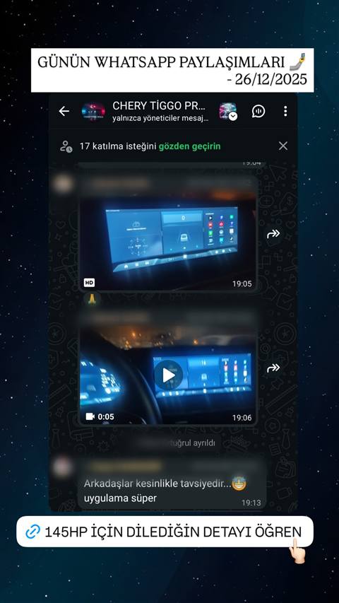 WhatsApp grubunda Chery Tiggo arac sahiplerinin multimedya ekranı ve gösterge paneli görüntüleri paylaşılmış ve bir üye uygulamayı övmüş.