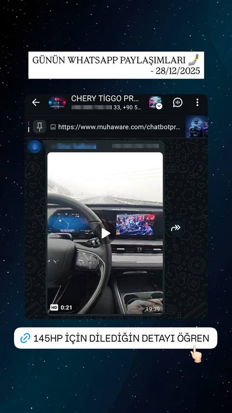 Bir aracin multimedya ekraninda navigasyon haritasi gosterilirken karli bir yolda seyir halinde cekilmis video ekran goruntusu.