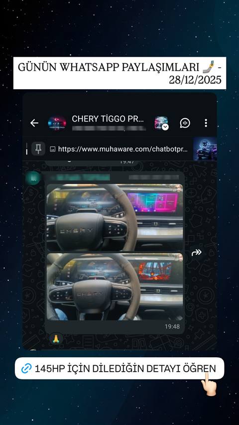 Chery Tiggo aracının direksiyon ve dijital gösterge panelinin farklı temalarla gösterildiği WhatsApp sohbet ekran görüntüsü.