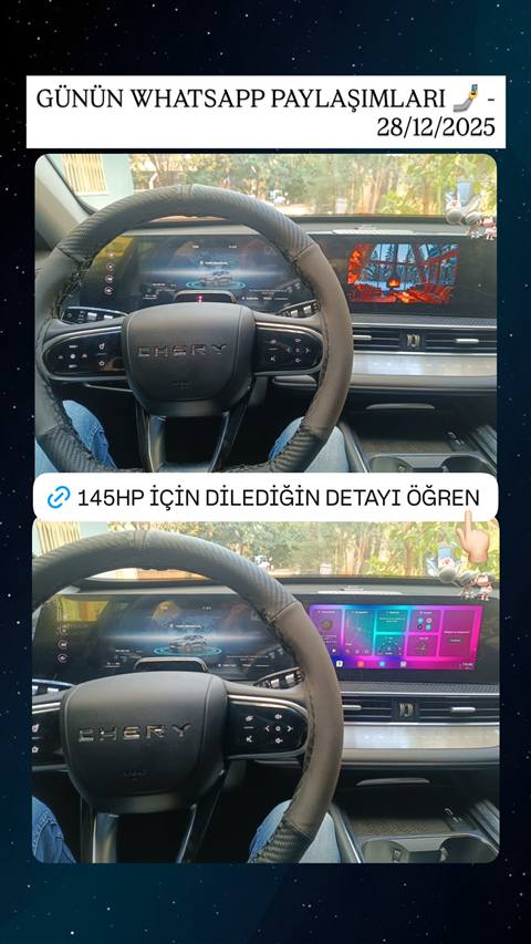 Chery aracın direksiyonu ve dijital gösterge/multimedya ekranlarının farklı temalarla gösterildiği iki fotoğraf, üzerinde WhatsApp topluluğu ve hizmet tanıtım yazıları bulunuyor.