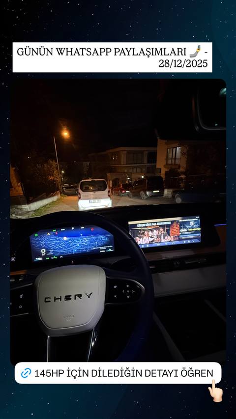 Gece vakti bir Chery arac icinden navigasyon haritasi ve muzik ekraninin goruntulendigi arac ici fotografi, 145HP ile ilgili bir link etiketi eklenmis.
