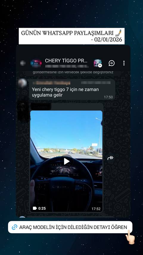 Chery Tiggo grubu WhatsApp sohbetinde bir uyenin uygulama guncellemesi hakkinda sordugu soru ve arac icinden cekilmis navigasyon ekranli bir video paylasimi gorunuyor.