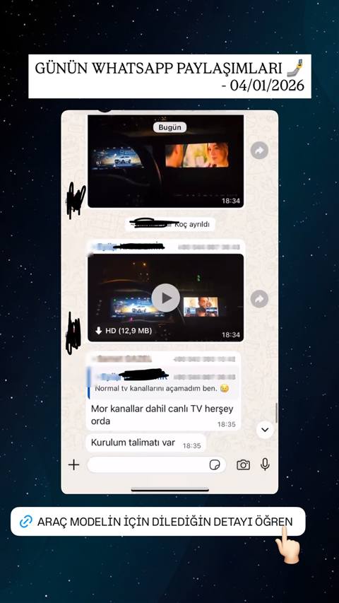 Chery Tiggo arac sahiplerinin WhatsApp grubunda multimedya ekranindaki TV yayini ve kurulum ile ilgili paylasilan mesajlarin ekran goruntusu.