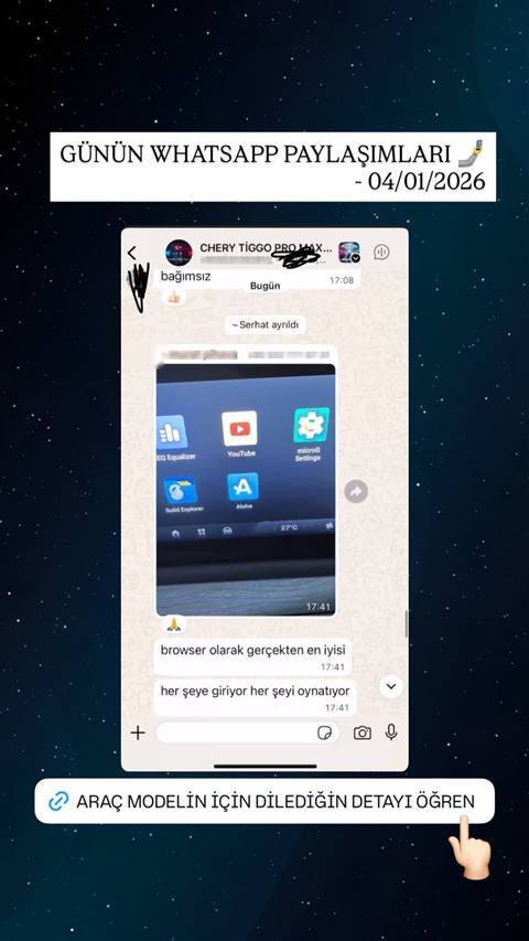 WhatsApp grubunda araç multimedya ekranındaki uygulama arayüzü (launcher, YouTube, Aloha browser vb.) paylaşılıp yorum yapılıyor.