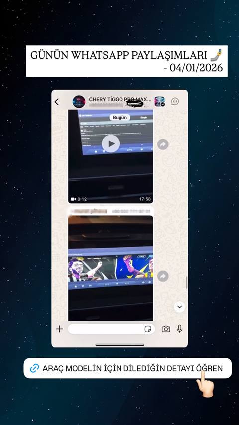 Chery Tiggo grubu WhatsApp sohbetinde arac multimedya ekranindan navigasyon ve arayuz gorsellerinin paylasildigi bir ekran goruntusu.