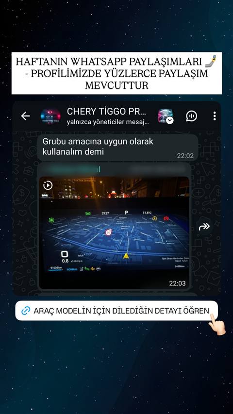WhatsApp sohbet ekran görüntüsünde grup yöneticisinin mesajı ve araç multimedya ekranındaki gece modu navigasyon haritası paylaşımı yer alıyor.