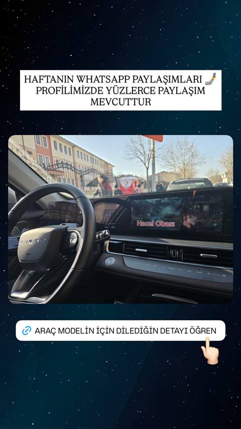 Chery aracin multimedya ekraninda muzik/video oynatildigini gosteren ic mekan gorseli ve ust kisimda whatsapp gruplarina yonlendiren bir baslik yer almaktadir.