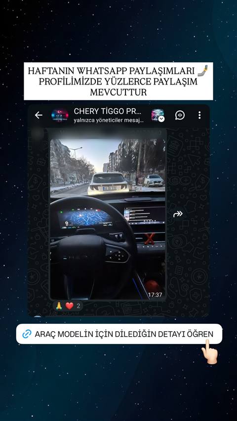 Chery Tiggo grubu WhatsApp ekran görüntüsünde araç içinden çekilmiş navigasyon ekranı ve trafik görüntüsü paylaşılmış.