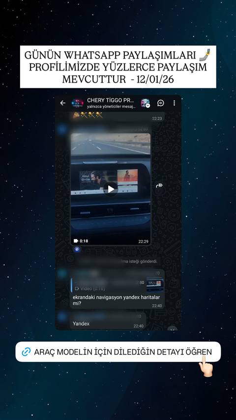 WhatsApp grubunda paylaşılan bir video ekran görüntüsünde araç multimedya ekranında navigasyon uygulaması görünüyor ve bir üye ekrandaki navigasyonun Yandex Haritalar olup olmadığını soruyor.