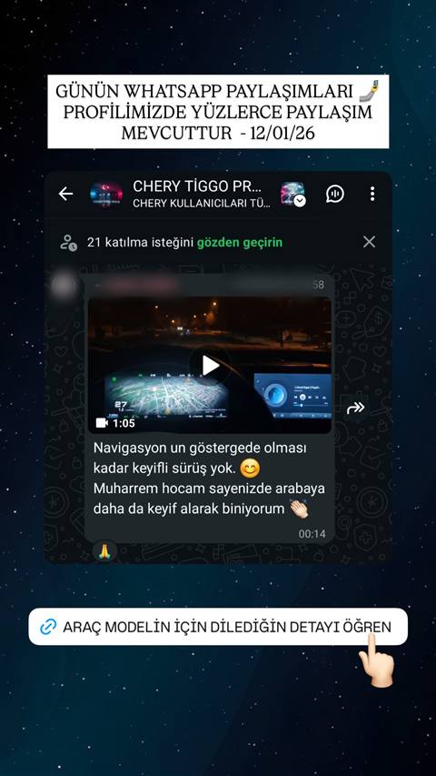 WhatsApp grubunda bir kullanıcının araç göstergesinde navigasyon ve müzik ekranını gösteren gece sürüş videosu paylaşıp memnuniyetini dile getirdiği ekran görüntüsü.
