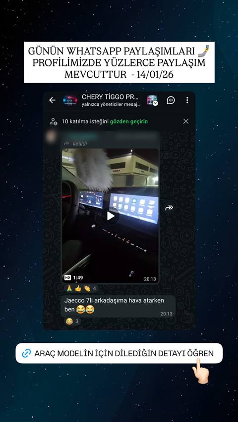 Chery Tiggo grubunda paylasilan bir arac multimedya ekrani ve gostergesinin videosunu iceren WhatsApp ekran goruntusu ve buna gelen yorumlar.