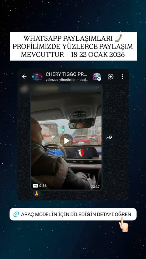 Bir WhatsApp grubunda araç içinden çekilmiş, multimedya ekranında Chery logosu görünen bir video paylaşımı yer alıyor.