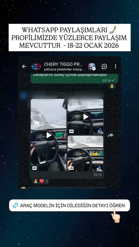 Chery Tiggo Pro Max WhatsApp grubunda kar altında araç kullanımı ve multimedya ekranı görüntülerinin paylaşıldığı bir sohbet ekran görüntüsü.