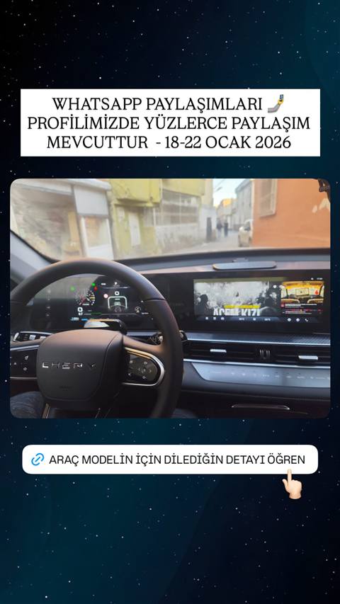 Chery aracin direksiyonu ve multimedya ekraninda muzik/video oynatilirken gosterge panelinin gorundugu bir ic mekan fotografi.