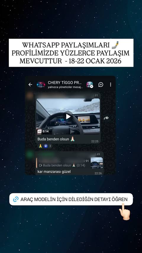 WhatsApp topluluk sohbetinde Chery Tiggo aracının multimedya ekranı ve karlı manzarayı gösteren bir video paylaşımı ile buna gelen yorumlar görünüyor.